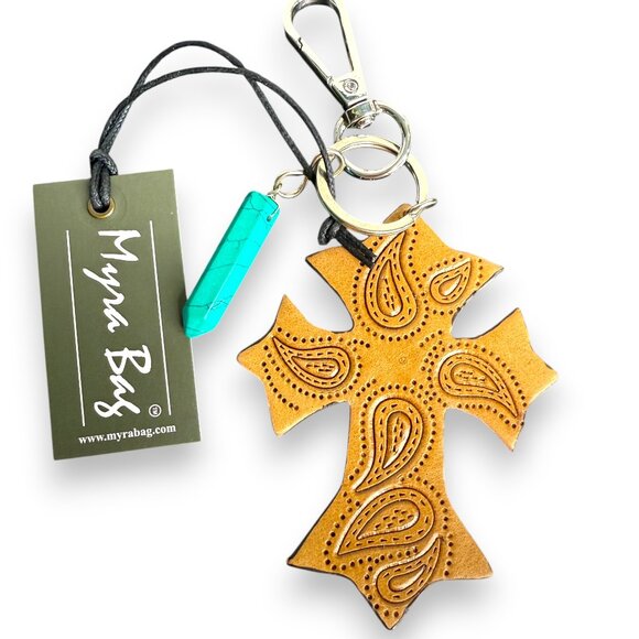 Myra Leather Cross "My Inner Faith" Bag Charm Key Fob - New - Picture 1 of 6